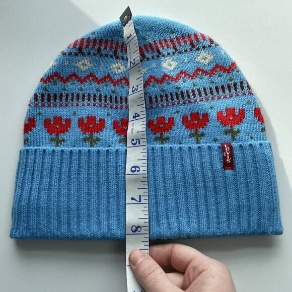 Levi's Flower Knit Foldover Beanie Powder Blue Nordic Unisex One Size OS Pom Pom - Picture 13 of 13